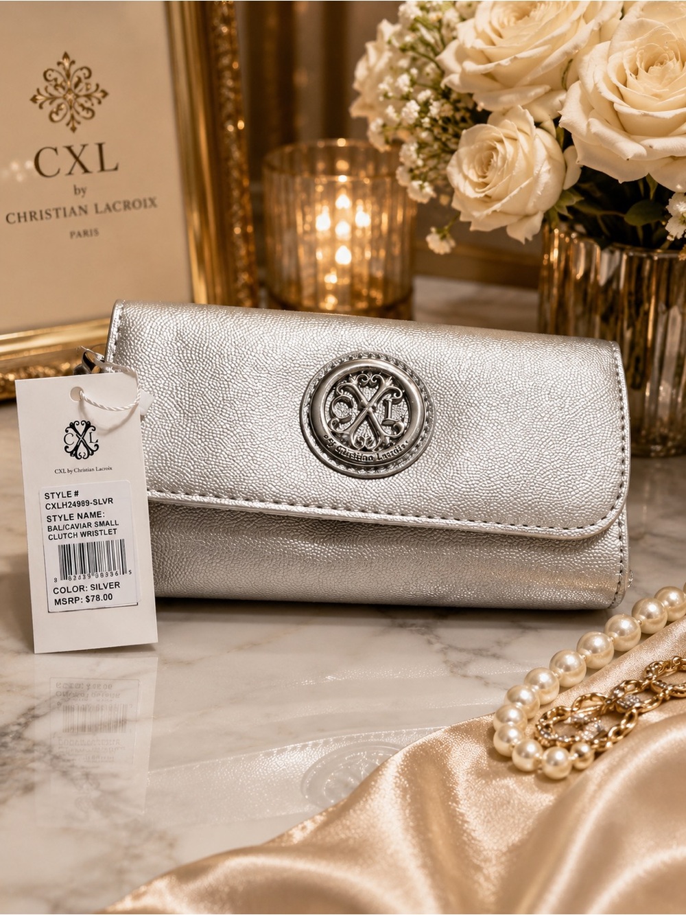 Christian Lacroix Silver Metallic Clutch Wristlet with Medallion